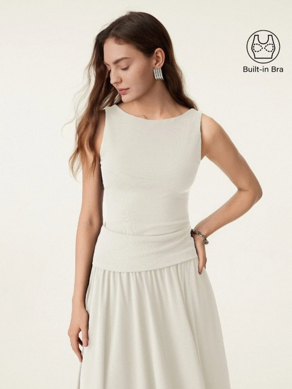 OGL Women's Stretch Cotton Boatneck Bra Tank M Medium Milk Cream NEW